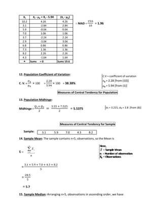∴ MAD = 
19.6 
10 
= 1.96 
Xi Xi - μx = Xi - 5.94 (Xi - μx) 
10.2 4.26 4.26 
3.1 -2.84 2.84 
5.9 -0.04 0.04 
7.0 1.06 1.06 
3.7 -2.24 2.24 
2.9 -3.04 3.04 
6.8 0.86 0.86 
7.3 1.36 1.36 
8.2 2.26 2.26 
4.3 -1.64 1.64 
* Sums = 0 Sums 19.6 
12. Population Coefficient of Variation: 
C. V. = 
σx 
μx 
× 100 = 
2.28 
5.94 
× 100 = 38.38% 
C.V = coefficient of variation 
σx = 2.28 [from (10)] 
μx = 5.94 [from (1)] 
Measures of Central Tendency for Population 
13. Population Midhinge: 
Midhinge = 
푄1+ 푄3 
2 
= 
3.55 + 7.525 
2 
= 5.5375 
σ₁ = 3.215, σ₃ = 3.8 [from (8)] 
Measures of Central Tendency for Sample 
Sample: 
3.1 5.9 7.0 4.3 8.2 
14. Sample Mean: The sample contains n=5, observations, so the Mean is 
퐗̅ 
= 
= 
X 
i 1 
n 
n 
i 
3.1 + 5.9 + 7.0 + 4.3 + 8.2 
5 
28.5 
5 
= 5.7 
= 
Here, 
Q1 = First Quartile 
Q3 = Third Quartile 
15. Sample Median: Arranging n=5, observations in ascending order, we have 
 