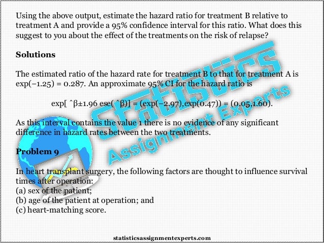Using the above output, estimate the hazard ratio for treatment B relative to
treatment A and provide a 95% confidence interval for this ratio. What does this
suggest to you about the effect of the treatments on the risk of relapse?
Solutions
The estimated ratio of the hazard rate for treatment B to that for treatment A is
exp(−1.25) = 0.287. An approximate 95% CI for the hazard ratio is
exp[ ˆβ±1.96 ese( ˆβ)] = (exp(−2.97),exp(0.47)) = (0.05,1.60).
As this interval contains the value 1 there is no evidence of any significant
difference in hazard rates between the two treatments.
Problem 9
In heart transplant surgery, the following factors are thought to influence survival
times after operation:
(a) sex of the patient;
(b) age of the patient at operation; and
(c) heart-matching score.
statisticsassignmentexperts.com
 