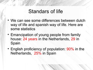 Standars of life

We can see some differences between dutch
way of life and spanish way of life. Here are
some statistics

Emancipation of young people from family
house: 24 years in the Netherlands, 29 in
Spain

English proficiency of population: 90% in the
Netherlands, 25% in Spain
 