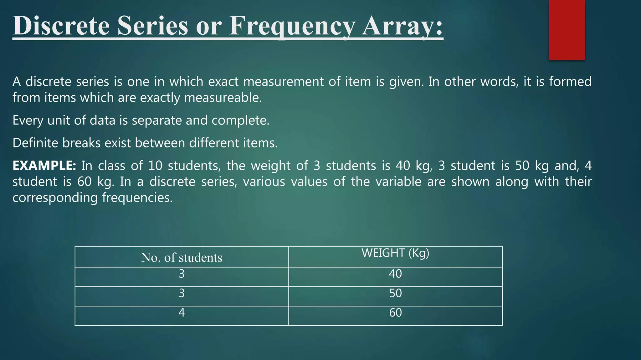 Discrete Series or Frequency Array:
A discrete series is one in which exact measurement of item is given. In other words, it is formed
from items which are exactly measureable.
Every unit of data is separate and complete.
Definite breaks exist between different items.
EXAMPLE: In class of 10 students, the weight of 3 students is 40 kg, 3 student is 50 kg and, 4
student is 60 kg. In a discrete series, various values of the variable are shown along with their
corresponding frequencies.
No. of students WEIGHT (Kg)
3 40
3 50
4 60
 