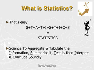 You DON’T want to end thereCareers in Statistics, Statistics Dept., FEPS, Cairo Univ., 20105Choosing a Career….cont.Now, a good question is: Is there a multidiscipline major?Yes STATISTICS!