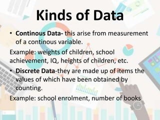 Kinds of Data
• Continous Data- this arise from measurement
of a continous variable.
Example: weights of children, school
achievement, IQ, heights of children, etc.
• Discrete Data-they are made up of items the
values of which have been obtained by
counting.
Example: school enrolment, number of books
 