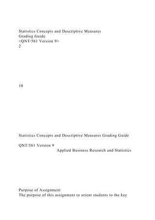 Statistics Concepts and Descriptive Measures
Grading Guide
<QNT/561 Version 9>
2
10
Statistics Concepts and Descriptive Measures Grading Guide
QNT/561 Version 9
Applied Business Research and Statistics
Purpose of Assignment
The purpose of this assignment to orient students to the key
 