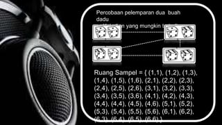 Percobaan pelemparan dua buah
dadu
• Kejadian yang mungkin terjadi :
Ruang Sampel = { (1,1), (1,2), (1,3),
(1,4), (1,5), (1,6), (2,1), (2,2), (2,3),
(2,4), (2,5), (2,6), (3,1), (3,2), (3,3),
(3,4), (3,5), (3,6), (4,1), (4,2), (4,3),
(4,4), (4,4), (4,5), (4,6), (5,1), (5,2),
(5,3), (5,4), (5,5), (5,6), (6,1), (6,2),
(6,3), (6,4), (6,5), (6,6) }
 