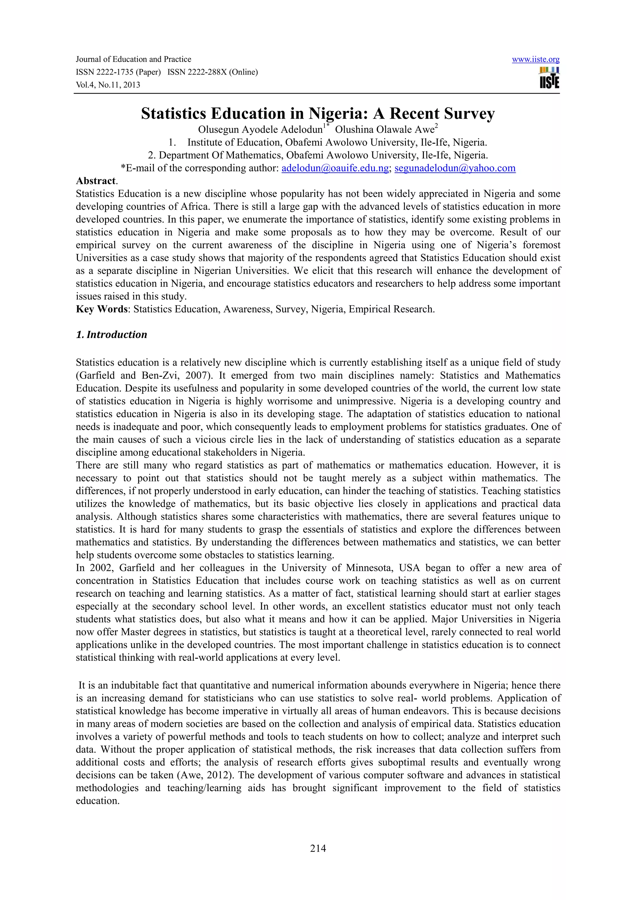 Statistics education in nigeria a recent survey | PDF