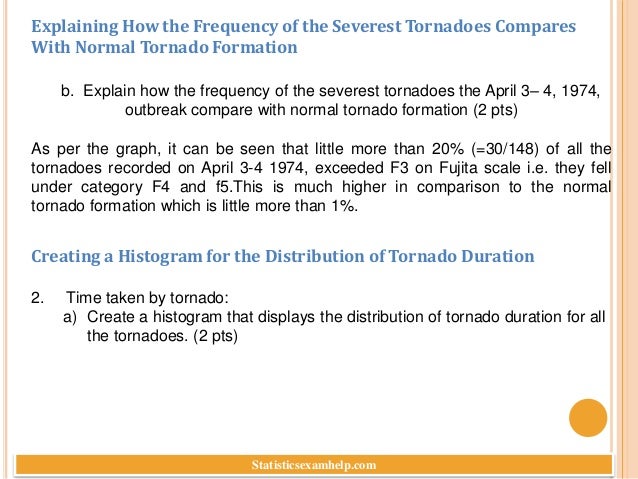 Explaining How the Frequency of the Severest Tornadoes Compares
With Normal Tornado Formation
b. Explain how the frequency of the severest tornadoes the April 3– 4, 1974,
outbreak compare with normal tornado formation (2 pts)
As per the graph, it can be seen that little more than 20% (=30/148) of all the
tornadoes recorded on April 3-4 1974, exceeded F3 on Fujita scale i.e. they fell
under category F4 and f5.This is much higher in comparison to the normal
tornado formation which is little more than 1%.
Creating a Histogram for the Distribution of Tornado Duration
2. Time taken by tornado:
a) Create a histogram that displays the distribution of tornado duration for all
the tornadoes. (2 pts)
Statisticsexamhelp.com
 