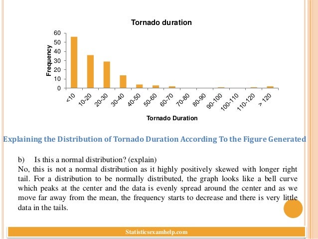0
10
20
30
40
50
60
Frequency
Tornado Duration
Tornado duration
Explaining the Distribution of Tornado Duration According To the Figure Generated
b) Is this a normal distribution? (explain)
No, this is not a normal distribution as it highly positively skewed with longer right
tail. For a distribution to be normally distributed, the graph looks like a bell curve
which peaks at the center and the data is evenly spread around the center and as we
move far away from the mean, the frequency starts to decrease and there is very little
data in the tails.
Statisticsexamhelp.com
 