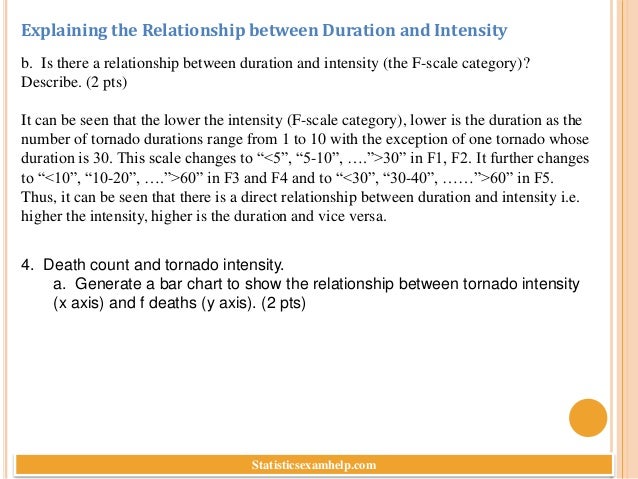 Explaining the Relationship between Duration and Intensity
b. Is there a relationship between duration and intensity (the F-scale category)?
Describe. (2 pts)
It can be seen that the lower the intensity (F-scale category), lower is the duration as the
number of tornado durations range from 1 to 10 with the exception of one tornado whose
duration is 30. This scale changes to “<5”, “5-10”, ….”>30” in F1, F2. It further changes
to “<10”, “10-20”, ….”>60” in F3 and F4 and to “<30”, “30-40”, ……”>60” in F5.
Thus, it can be seen that there is a direct relationship between duration and intensity i.e.
higher the intensity, higher is the duration and vice versa.
4. Death count and tornado intensity.
a. Generate a bar chart to show the relationship between tornado intensity
(x axis) and f deaths (y axis). (2 pts)
Statisticsexamhelp.com
 