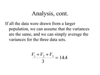 Analysis, cont. If all the data were drawn from a larger population, we can assume that the variances are the same, and we can simply average the variances for the three data sets. 