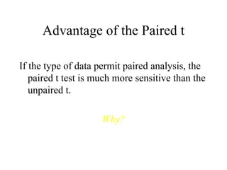 Advantage of the Paired t If the type of data permit paired analysis, the paired t test is much more sensitive than the unpaired t. Why? 