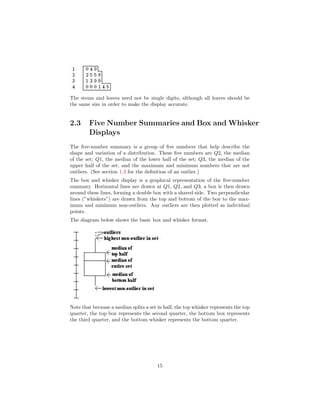 The stems and leaves need not be single digits, although all leaves should be
the same size in order to make the display accurate.
2.3 Five Number Summaries and Box and Whisker
Displays
The ﬁve-number summary is a group of ﬁve numbers that help describe the
shape and variation of a distribution. These ﬁve numbers are Q2, the median
of the set; Q1, the median of the lower half of the set; Q3, the median of the
upper half of the set, and the maximum and minimum numbers that are not
outliers. (See section 1.3 for the deﬁnition of an outlier.)
The box and whisker display is a graphical representation of the ﬁve-number
summary. Horizontal lines are drawn at Q1, Q2, and Q3; a box is then drawn
around these lines, forming a double box with a shared side. Two perpendicular
lines (”whiskers”) are drawn from the top and bottom of the box to the max-
imum and minimum non-outliers. Any outliers are then plotted as individual
points.
The diagram below shows the basic box and whisker format.
Note that because a median splits a set in half, the top whisker represents the top
quarter, the top box represents the second quarter, the bottom box represents
the third quarter, and the bottom whisker represents the bottom quarter.
15
 