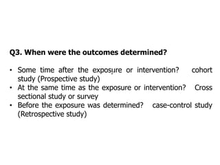 Q3. When were the outcomes determined?
• Some time after the exposure or intervention? cohort
study (Prospective study)
• At the same time as the exposure or intervention? Cross
sectional study or survey
• Before the exposure was determined? case-control study
(Retrospective study)
 