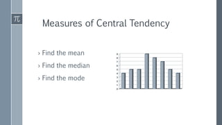 Measures of Central Tendency
› Find the mean
› Find the median
› Find the mode
0
1
2
3
4
5
6
7
8
9
 