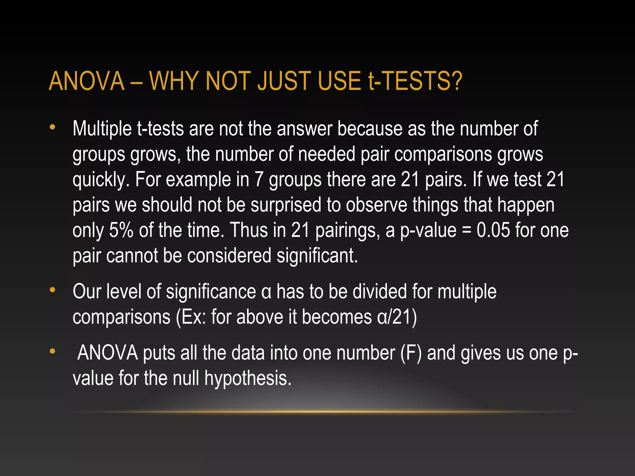 ANOVA – WHY NOT JUST USE t-TESTS?
• Multiple t-tests are not the answer because as the number of
groups grows, the number of needed pair comparisons grows
quickly. For example in 7 groups there are 21 pairs. If we test 21
pairs we should not be surprised to observe things that happen
only 5% of the time. Thus in 21 pairings, a p-value = 0.05 for one
pair cannot be considered significant.
• Our level of significance α has to be divided for multiple
comparisons (Ex: for above it becomes α/21)
•

ANOVA puts all the data into one number (F) and gives us one pvalue for the null hypothesis.

 