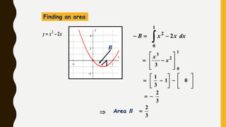 xxy 22

B
Finding an area
 
1
0
2
2 dxxxB








 2
3
1
0
3
x
x












 01
3
1
3
2

3
2
Area B
 