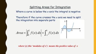 Splitting Areas for Integration
Where a curve is below the x-axis the integral is negative
Therefore if the curve crosses the x axis we need to split
the integration into seperate parts
dxxfdxxfArea  

0
1
2
0
)()(
where |x| (the ‘modulus of x’) means the positive value of x
 