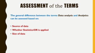 ASSESSMENT of the TERMS
The general difference between the terms Data analysis and Analytics
can be assessed based on:
• Source of data
• Whether Statistics/OR is applied
• Size of data
 