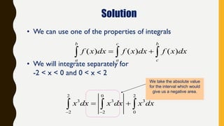 Solution
• We can use one of the properties of integrals
• We will integrate separately for
-2 < x < 0 and 0 < x < 2
( ) ( ) ( )
b c b
a a c
f x dx f x dx f x dx   
2 0 2
3 3 3
2 2 0
x dx x dx x dx
 
   
We take the absolute value
for the interval which would
give us a negative area.
 