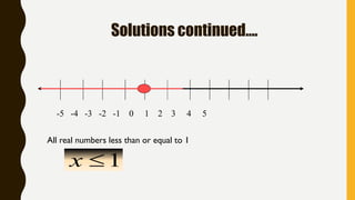 Solutions continued….
-5 -4 -3 -2 -1 0 1 2 3 4 5
All real numbers less than or equal to 1
1x
 