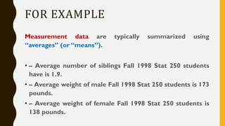 FOR EXAMPLE
Measurement data are typically summarized using
“averages” (or “means”).
• – Average number of siblings Fall 1998 Stat 250 students
have is 1.9.
• – Average weight of male Fall 1998 Stat 250 students is 173
pounds.
• – Average weight of female Fall 1998 Stat 250 students is
138 pounds.
 