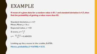 EXAMPLE
If mean of a given data for a random value is 81.1 and standard deviation is 4.7, then
find the probability of getting a value more than 83.
Standard deviation, σ = 4.7
Mean, Mean μ = 81.1
Expected value, 𝒙 = 83
Z-score, z =
𝒙−𝝁
𝝈
z =
𝟖𝟑−𝟖𝟏.𝟏
𝟒.𝟕
= 0.404255
Looking up the z-score in the z-table, 0.6700.
Hence, probability (1−0.6700) = 0.33.
 
