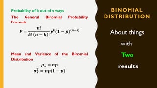 BINOMIAL
DISTRIBUTION
About things
with
Two
results
Probability of k out of n ways
The General Binomial Probability
Formula
𝑷 =
𝒏!
𝒌! 𝒏 − 𝒌 !
𝒑 𝒌(𝟏 − 𝒑)(𝒏−𝒌)
Mean and Variance of the Binomial
Distribution
𝝁 𝒙 = 𝒏𝒑
𝝈 𝒙
𝟐
= 𝒏𝒑(𝟏 − 𝒑)
 