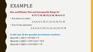 EXAMPLE
Box and Whisker Plot and Interquartile Range for
4, 17, 7, 14, 18, 12, 3, 16, 10, 4, 4, 11
• Put them in order:
3, 4, 4, 4, 7, 10, 11, 12, 14, 16, 17, 18
• Cut it into quarters:
3, 4, 4 | 4, 7, 10 | 11, 12, 14 | 16, 17, 18
In this case all the quartiles are between numbers:
Quartile 1 (Q1) = (4+4)/2 = 4
Quartile 2 (Q2) = (10+11)/2 = 10.5
Quartile 3 (Q3) = (14+16)/2 = 15
 