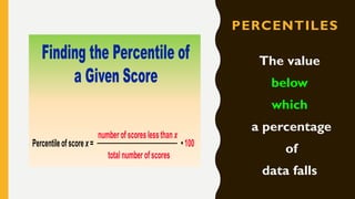 PERCENTILES
The value
below
which
a percentage
of
data falls
 