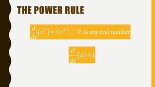 THE POWER RULE
1
[ ] , is any real numberN Nd
x Nx N
dx


[ ] 1
d
x
dx

 