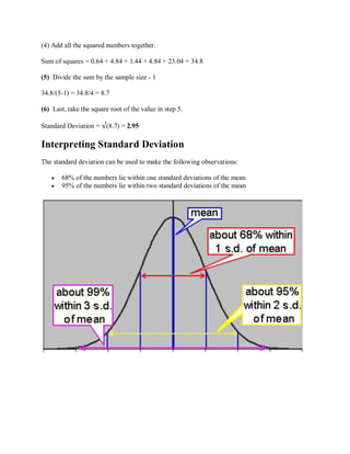 (4) Add all the squared numbers together.
Sum of squares = 0.64 + 4.84 + 1.44 + 4.84 + 23.04 = 34.8
(5) Divide the sum by the sample size - 1
34.8/(5-1) = 34.8/4 = 8.7
(6) Last, take the square root of the value in step 5.
Standard Deviation = √(8.7) = 2.95
Interpreting Standard Deviation
The standard deviation can be used to make the following observations:
· 68% of the numbers lie within one standard deviations of the mean
· 95% of the numbers lie within two standard deviations of the mean
 