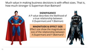 Much value in making business decisions is with effect sizes. That is,
how much stronger is Superman than Batman?
18
SIGNIFIGANCE
A P value describes the likelihood of
a true relationship between
X (Superman) and Y (Batman)
MAGNITUDE & EFFECT SIZE
Effect size show the magnitude or
size of the relationship between
X (Superman) and Y (Batman)?
 