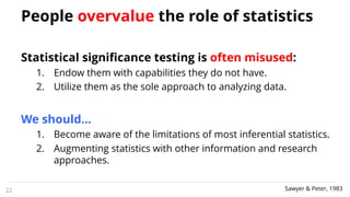People overvalue the role of statistics
Statistical significance testing is often misused:
1. Endow them with capabilities they do not have.
2. Utilize them as the sole approach to analyzing data.
We should…
1. Become aware of the limitations of most inferential statistics.
2. Augmenting statistics with other information and research
approaches.
22 Sawyer & Peter, 1983
 