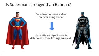 Is Superman stronger than Batman?
3
Data does not show a clear
overwhelming winner
Use statistical significance to
determine if their findings are valid.
 