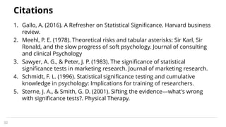 Citations
1. Gallo, A. (2016). A Refresher on Statistical Significance. Harvard business
review.
2. Meehl, P. E. (1978). Theoretical risks and tabular asterisks: Sir Karl, Sir
Ronald, and the slow progress of soft psychology. Journal of consulting
and clinical Psychology
3. Sawyer, A. G., & Peter, J. P. (1983). The significance of statistical
significance tests in marketing research. Journal of marketing research.
4. Schmidt, F. L. (1996). Statistical significance testing and cumulative
knowledge in psychology: Implications for training of researchers.
5. Sterne, J. A., & Smith, G. D. (2001). Sifting the evidence—what's wrong
with significance tests?. Physical Therapy.
32
 