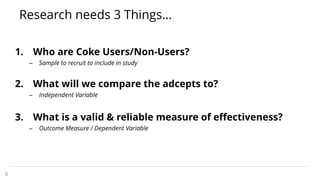 Research needs 3 Things…
1. Who are Coke Users/Non-Users?
– Sample to recruit to include in study
2. What will we compare the adcepts to?
– Independent Variable
3. What is a valid & reliable measure of effectiveness?
– Outcome Measure / Dependent Variable
6
 