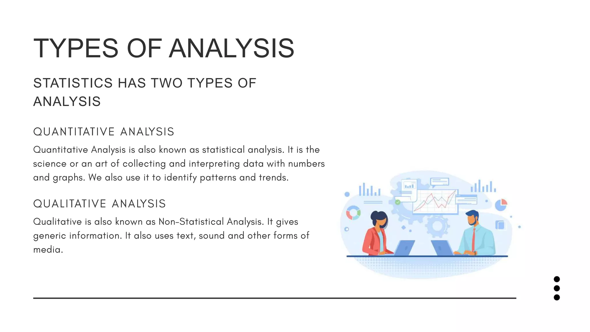 TYPES OF ANALYSIS
STATISTICS HAS TWO TYPES OF
ANALYSIS