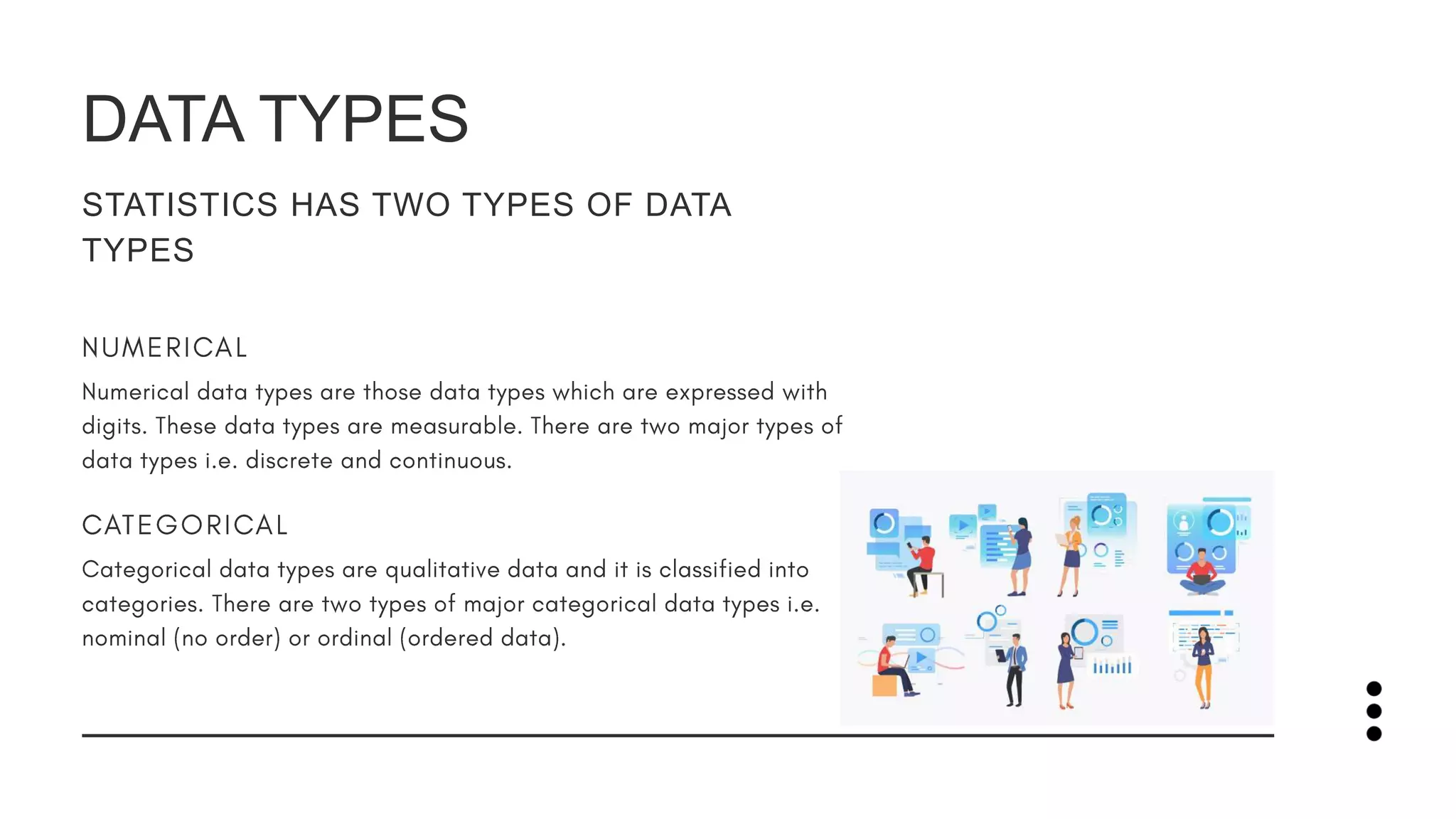 DATA TYPES
STATISTICS HAS TWO TYPES OF DATA
TYPES