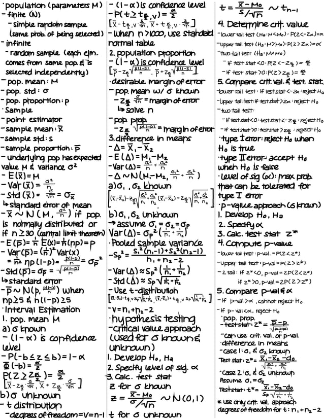 Statistics for Economics Final Exam Cheat Sheet PDF