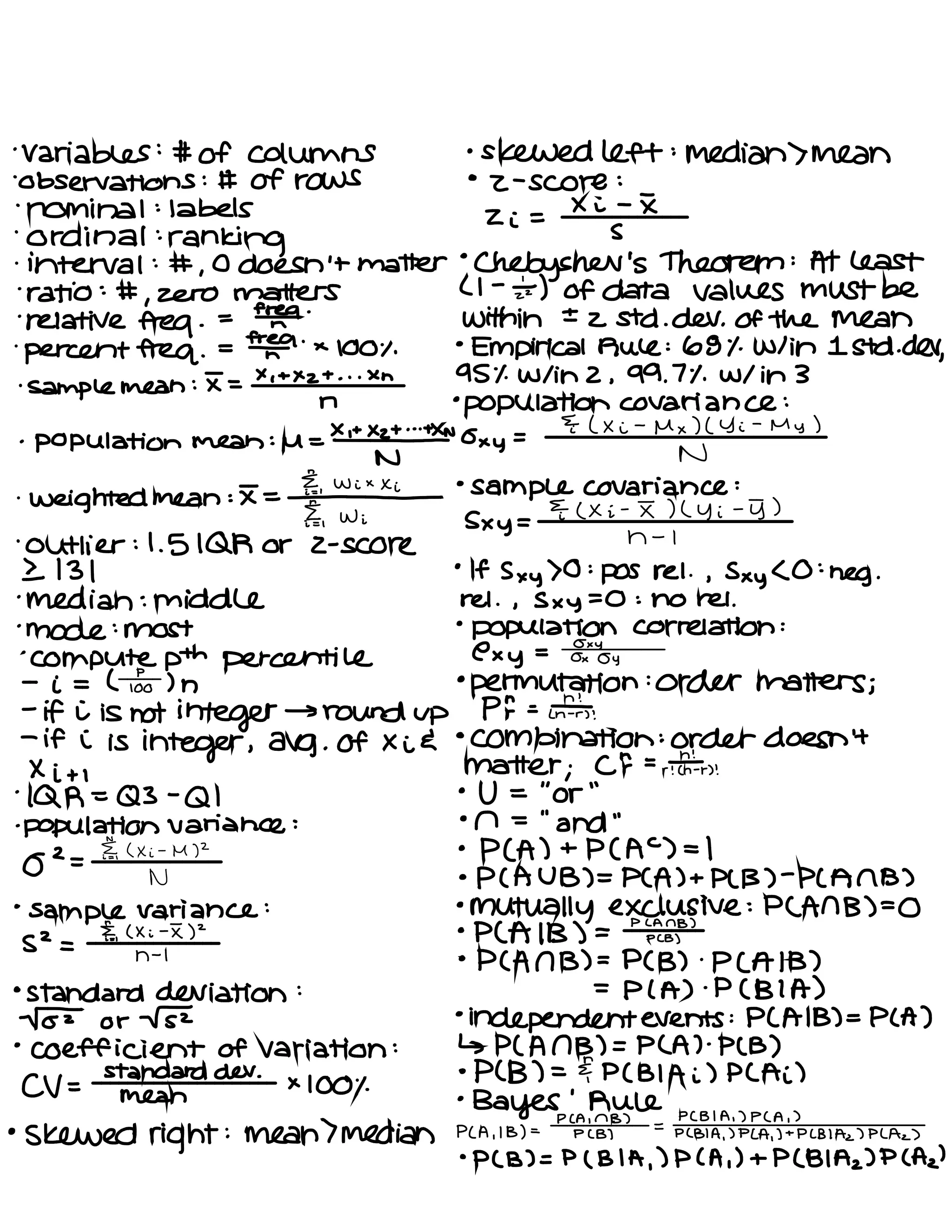 Variables
:#
of columns .
skewed left :
median > mean
observations
:#Of rows •
z
-
score :
.
nominal :
labels
zi =
×i -
I
.
ordinal :
ranking
s
.
interval
:# ,
0 doesn't matter
.
Chebyshev 's Theorem :
At least
.
ratio :#
,
zero matters ( I -
z÷ ) of data values must be
.
relative freq .
= ¥9
'
Within ± zstd .
dev .
of the mean
.
percent freq .
= fr#
'
×
100.1 .
•
Empirical Rule : 681 .
Wlih 1 Stolidly
.
sample mean : It
× 't×z+ .
. .×n 95% Wlih 2 ,
99.71 . Wlih 3
n
.
population covariance :
.
Population mean
:µ=×=×2tI×no×y=
E ( Xi
-
Mx )( Yi -
My )
N N
.
Weighted mean
:I=€w-i××
•
sample covariance :
if Wi
s×y=
E ( Xi -
F) ( yi
-
g )
.
Outlier : 1. SIQR or 2- score
n -
I
I 131
°
If Sxy > 0 :
POS rel .
, Sxyc 0 :
neg .
.
median : middle rel .
, s×y=O : no re
.
mode :
Most
•
population Correlation :
'
Compute pth percentile Cxy =
8××8y
-
i = ( do )n
•
permutation :
order matters ;
-
if i is not integer →
roundup PF :¥s :
-
if i is
integer , avg . of xid
°
Combination :
order doesn't
Xiii matter ;
Cnr =
rein
.
1QR=Q3 -
QI
•
U =
"
Or
"
Population variance : on =
"
and
"
g2=
IF ( xi
-
M )2 .
PCA ) +
PCAC )=|
N .
PCAUB )=P( A) + PC B )
-
PCANB )
•
sample variance :
•
Mutually exclusive : PCANB )=O
sz =
I. ( xi -
E)
2
.
PCAIB ) = PIES,B
'
n -
1
.
PC An B) =
PCB ) .
PCAIB )
°
standard deviation : =
Pla ) .
PCBIA )
not or is •
independent events : PCAIB )=P( A )
°
coefficient of Variation : ↳ PCANB )=P( A ) .
P ( B )
( ✓ =
standard dev .
× 100%
•
PC B) =
FPCBIAI ) PCAI )
mean °
Bayes
'
Rull
PC A. 1
B) =
P
!LBTB
)
=
PCBIA , )p( A ,
)
•
Skewed right :
Mldh ) Median PCBIA ,
) PLA ,
]+PLBlA2)PLAz )
•
PC B) =P ( BIA ,
)P( A.) + PCBIAZ )P( Az )
 