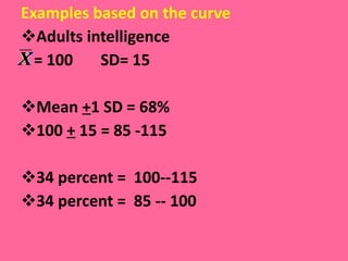 Examples based on the curve Adults intelligence  = 100  SD= 15 Mean  + 1 SD = 68% 100  +  15 = 85 -115 34 percent =  100--115  34 percent =  85 -- 100  