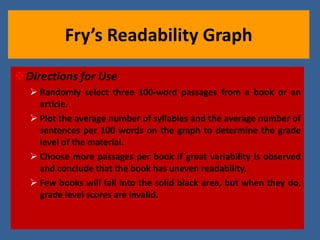 Fry’s Readability Graph Directions for Use Randomly select three 100-word passages from a book or an article. Plot the average number of syllables and the average number of sentences per 100 words on the graph to determine the grade level of the material. Choose more passages per book if great variability is observed and conclude that the book has uneven readability. Few books will fall into the solid black area, but when they do, grade level scores are invalid. 