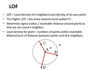 • LOF = Local density of k neighbor/Local density of its own point
• The Higher LOF = the more extreme local outlier!!!!
• Determine sigma (radius / reachable distance around point) so
that we can count k neighbor.
• Local density for point = numbers of points within reachable
distance/sum of distance between points and all k neighbors
LOF
 