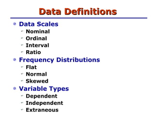 Data Definitions Data Scales Nominal Ordinal Interval Ratio Frequency Distributions Flat Normal Skewed Variable Types Dependent Independent Extraneous 