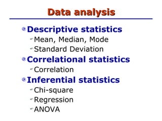 Data analysis Descriptive statistics Mean, Median, Mode Standard Deviation Correlational statistics Correlation Inferential statistics Chi-square Regression ANOVA 