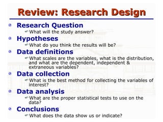Review: Research Design Research Question What will the study answer? Hypotheses What do you think the results will be? Data definitions What scales are the variables, what is the distribution, and what are the dependent, independent & extraneous variables? Data collection What is the best method for collecting the variables of interest? Data analysis  What are the proper statistical tests to use on the data? Conclusions What does the data show us or indicate? 