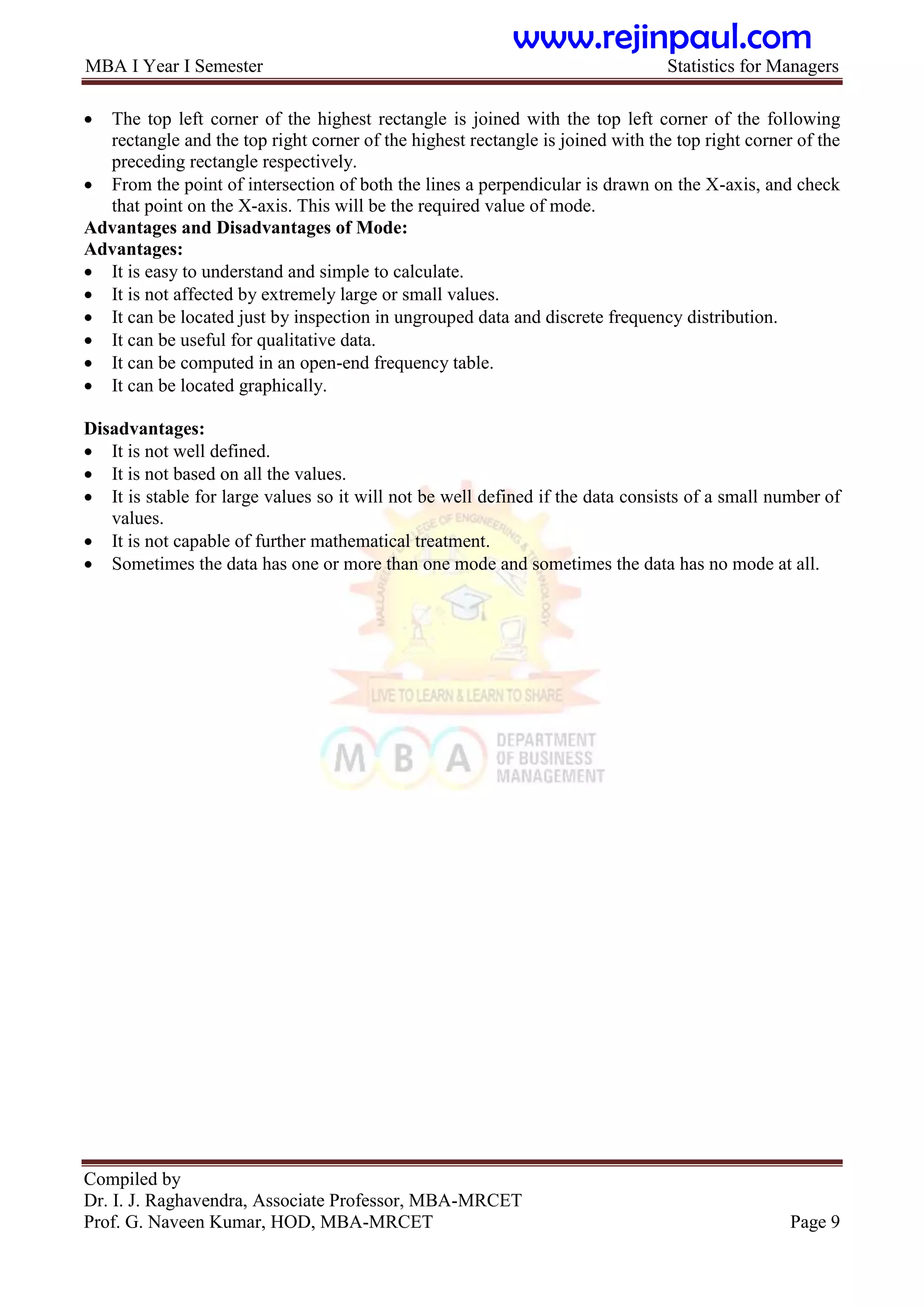 MBA I Year I Semester Statistics for Managers
Compiled by
Dr. I. J. Raghavendra, Associate Professor, MBA-MRCET
Prof. G. Naveen Kumar, HOD, MBA-MRCET Page 9
 The top left corner of the highest rectangle is joined with the top left corner of the following
rectangle and the top right corner of the highest rectangle is joined with the top right corner of the
preceding rectangle respectively.
 From the point of intersection of both the lines a perpendicular is drawn on the X-axis, and check
that point on the X-axis. This will be the required value of mode.
Advantages and Disadvantages of Mode:
Advantages:
 It is easy to understand and simple to calculate.
 It is not affected by extremely large or small values.
 It can be located just by inspection in ungrouped data and discrete frequency distribution.
 It can be useful for qualitative data.
 It can be computed in an open-end frequency table.
 It can be located graphically.
Disadvantages:
 It is not well defined.
 It is not based on all the values.
 It is stable for large values so it will not be well defined if the data consists of a small number of
values.
 It is not capable of further mathematical treatment.
 Sometimes the data has one or more than one mode and sometimes the data has no mode at all.
www.rejinpaul.com
 