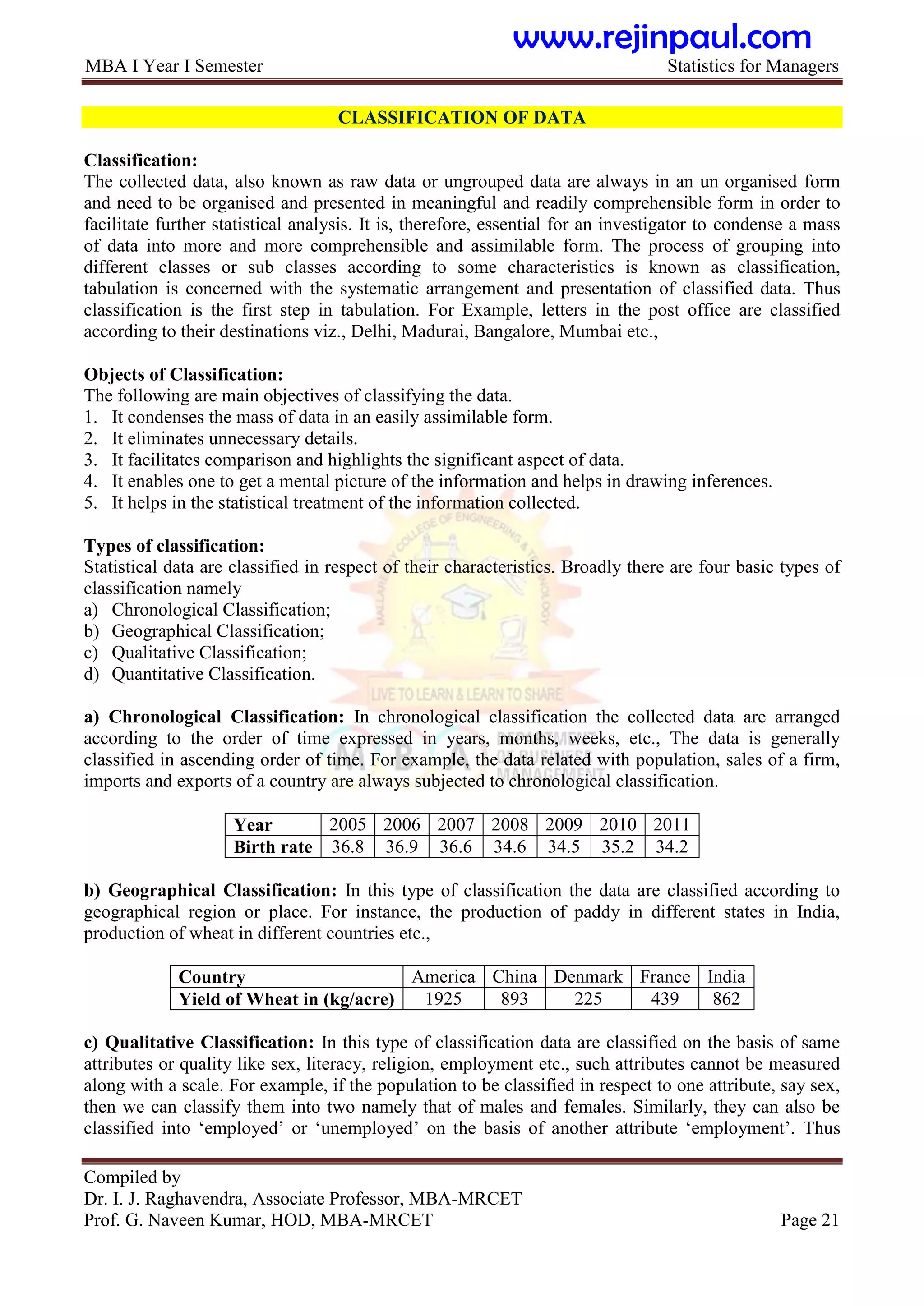 MBA I Year I Semester Statistics for Managers
Compiled by
Dr. I. J. Raghavendra, Associate Professor, MBA-MRCET
Prof. G. Naveen Kumar, HOD, MBA-MRCET Page 21
CLASSIFICATION OF DATA
Classification:
The collected data, also known as raw data or ungrouped data are always in an un organised form
and need to be organised and presented in meaningful and readily comprehensible form in order to
facilitate further statistical analysis. It is, therefore, essential for an investigator to condense a mass
of data into more and more comprehensible and assimilable form. The process of grouping into
different classes or sub classes according to some characteristics is known as classification,
tabulation is concerned with the systematic arrangement and presentation of classified data. Thus
classification is the first step in tabulation. For Example, letters in the post office are classified
according to their destinations viz., Delhi, Madurai, Bangalore, Mumbai etc.,
Objects of Classification:
The following are main objectives of classifying the data.
1. It condenses the mass of data in an easily assimilable form.
2. It eliminates unnecessary details.
3. It facilitates comparison and highlights the significant aspect of data.
4. It enables one to get a mental picture of the information and helps in drawing inferences.
5. It helps in the statistical treatment of the information collected.
Types of classification:
Statistical data are classified in respect of their characteristics. Broadly there are four basic types of
classification namely
a) Chronological Classification;
b) Geographical Classification;
c) Qualitative Classification;
d) Quantitative Classification.
a) Chronological Classification: In chronological classification the collected data are arranged
according to the order of time expressed in years, months, weeks, etc., The data is generally
classified in ascending order of time. For example, the data related with population, sales of a firm,
imports and exports of a country are always subjected to chronological classification.
Year 2005 2006 2007 2008 2009 2010 2011
Birth rate 36.8 36.9 36.6 34.6 34.5 35.2 34.2
b) Geographical Classification: In this type of classification the data are classified according to
geographical region or place. For instance, the production of paddy in different states in India,
production of wheat in different countries etc.,
Country America China Denmark France India
Yield of Wheat in (kg/acre) 1925 893 225 439 862
c) Qualitative Classification: In this type of classification data are classified on the basis of same
attributes or quality like sex, literacy, religion, employment etc., such attributes cannot be measured
along with a scale. For example, if the population to be classified in respect to one attribute, say sex,
then we can classify them into two namely that of males and females. Similarly, they can also be
classified into „employed‟ or „unemployed‟ on the basis of another attribute „employment‟. Thus
www.rejinpaul.com
 