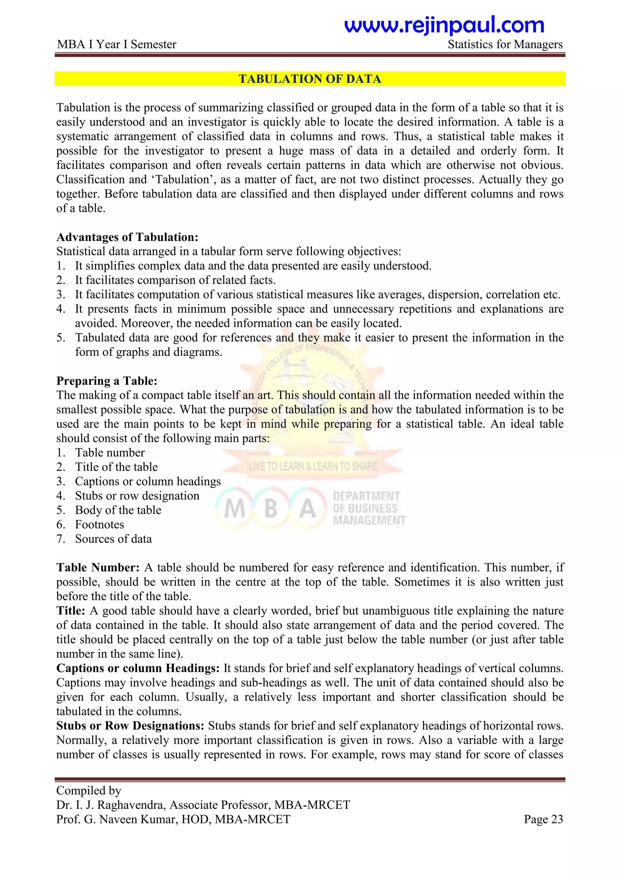 MBA I Year I Semester Statistics for Managers
Compiled by
Dr. I. J. Raghavendra, Associate Professor, MBA-MRCET
Prof. G. Naveen Kumar, HOD, MBA-MRCET Page 23
TABULATION OF DATA
Tabulation is the process of summarizing classified or grouped data in the form of a table so that it is
easily understood and an investigator is quickly able to locate the desired information. A table is a
systematic arrangement of classified data in columns and rows. Thus, a statistical table makes it
possible for the investigator to present a huge mass of data in a detailed and orderly form. It
facilitates comparison and often reveals certain patterns in data which are otherwise not obvious.
Classification and „Tabulation‟, as a matter of fact, are not two distinct processes. Actually they go
together. Before tabulation data are classified and then displayed under different columns and rows
of a table.
Advantages of Tabulation:
Statistical data arranged in a tabular form serve following objectives:
1. It simplifies complex data and the data presented are easily understood.
2. It facilitates comparison of related facts.
3. It facilitates computation of various statistical measures like averages, dispersion, correlation etc.
4. It presents facts in minimum possible space and unnecessary repetitions and explanations are
avoided. Moreover, the needed information can be easily located.
5. Tabulated data are good for references and they make it easier to present the information in the
form of graphs and diagrams.
Preparing a Table:
The making of a compact table itself an art. This should contain all the information needed within the
smallest possible space. What the purpose of tabulation is and how the tabulated information is to be
used are the main points to be kept in mind while preparing for a statistical table. An ideal table
should consist of the following main parts:
1. Table number
2. Title of the table
3. Captions or column headings
4. Stubs or row designation
5. Body of the table
6. Footnotes
7. Sources of data
Table Number: A table should be numbered for easy reference and identification. This number, if
possible, should be written in the centre at the top of the table. Sometimes it is also written just
before the title of the table.
Title: A good table should have a clearly worded, brief but unambiguous title explaining the nature
of data contained in the table. It should also state arrangement of data and the period covered. The
title should be placed centrally on the top of a table just below the table number (or just after table
number in the same line).
Captions or column Headings: It stands for brief and self explanatory headings of vertical columns.
Captions may involve headings and sub-headings as well. The unit of data contained should also be
given for each column. Usually, a relatively less important and shorter classification should be
tabulated in the columns.
Stubs or Row Designations: Stubs stands for brief and self explanatory headings of horizontal rows.
Normally, a relatively more important classification is given in rows. Also a variable with a large
number of classes is usually represented in rows. For example, rows may stand for score of classes
www.rejinpaul.com
 