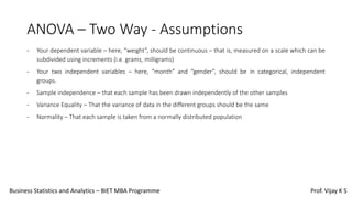 ANOVA – Two Way - Assumptions
- Your dependent variable – here, “weight”, should be continuous – that is, measured on a scale which can be
subdivided using increments (i.e. grams, milligrams)
- Your two independent variables – here, “month” and “gender”, should be in categorical, independent
groups.
- Sample independence – that each sample has been drawn independently of the other samples
- Variance Equality – That the variance of data in the different groups should be the same
- Normality – That each sample is taken from a normally distributed population
Business Statistics and Analytics – BIET MBA Programme Prof. Vijay K S
 