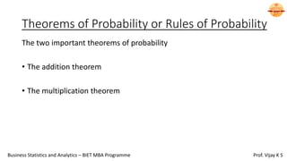 Theorems of Probability or Rules of Probability
The two important theorems of probability
• The addition theorem
• The multiplication theorem
Business Statistics and Analytics – BIET MBA Programme Prof. Vijay K S
 
